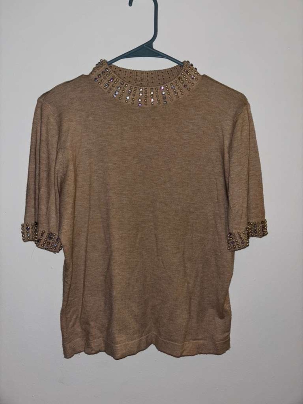 Milano Beige Short Sleeve Sweater Top with Jeweled Neck